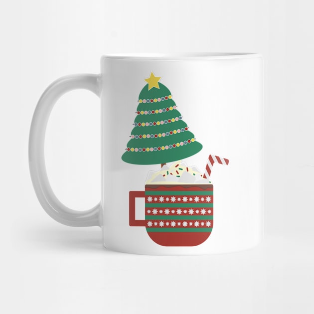 Decorated Christmas tree in a large Red Green mug with hot cocoa, whipped cream, marshmallow and striped candy cane by sigdesign